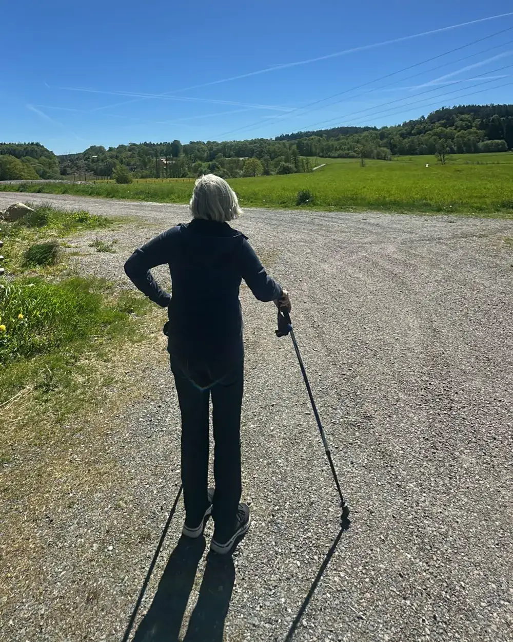 Kund på promenad med gåstavar en solig dag